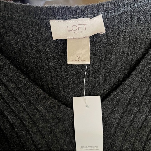 LOFT Ribbed Sweater Women's Size S Charcoal Gray Cotton Blend V-Neck Side Slits - Picture 6 of 6